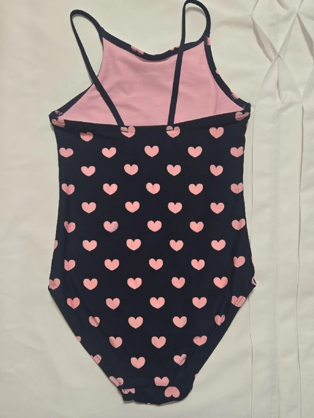 Girls' Navy One-Piece Swimsuit with Pink Heart Print